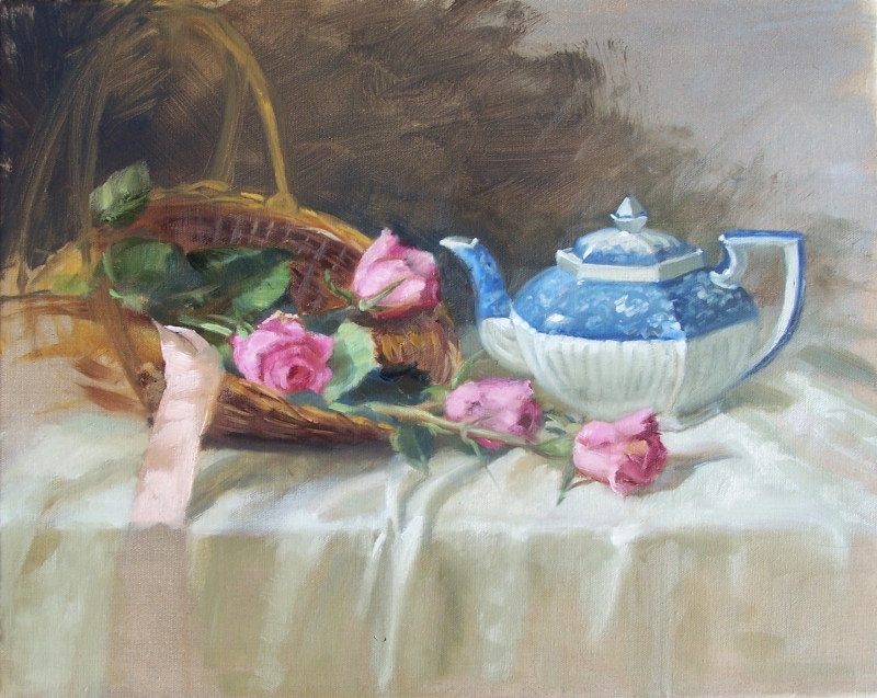 Roses and Teapot by artist Eve Larson